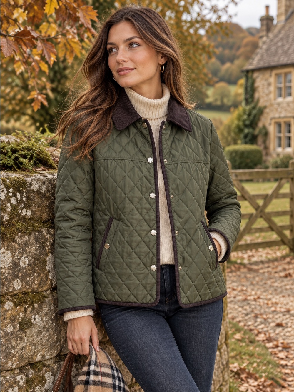 MICHAEL Michael Kors Quilted Barn Jacket Olive Green Corduroy Collar Size S